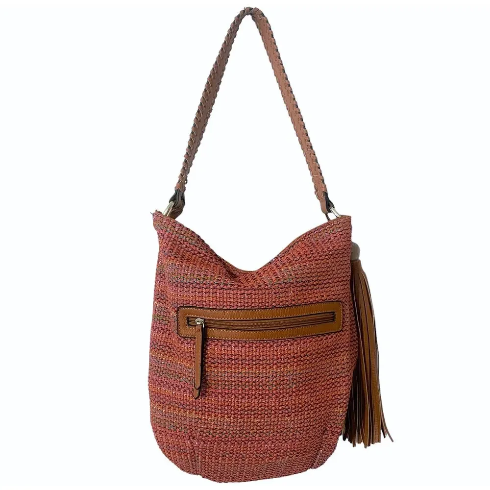 Sondra Roberts Squared Boho Hobo Bag Brown & Orange Multicolor Tassel Braided